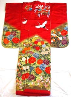 花車に飛び鶴の刺繍柄に古典花の唐織