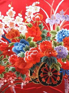 花車に飛び鶴の刺繍柄に古典花の唐織