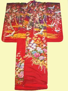 飛び鶴に枝垂れ桜と熨斗目柄　唐織の花模様